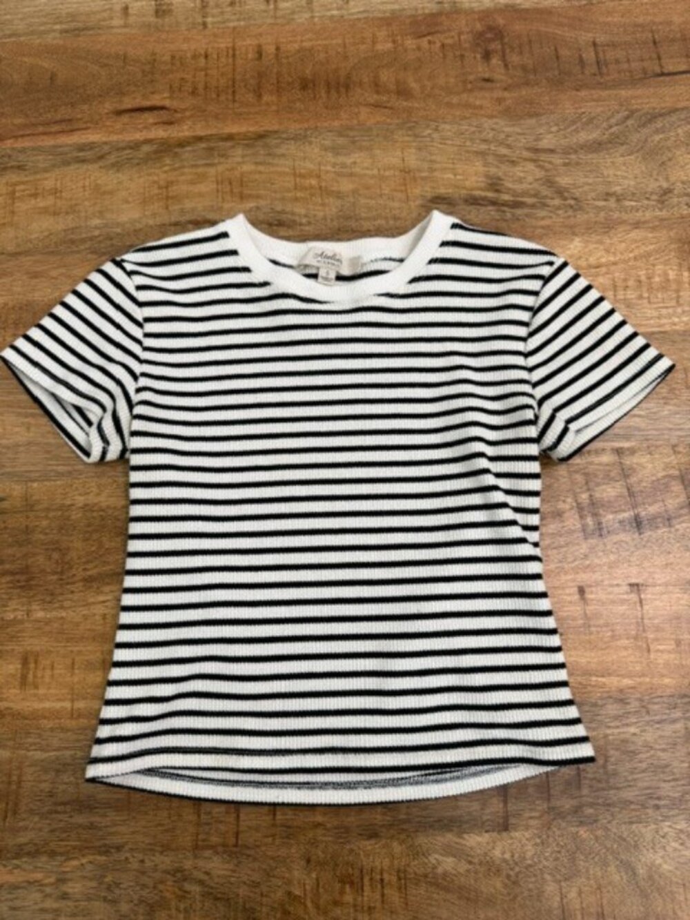 Atelier by Kirious Ribbed Knit Striped Short Sleeve Crew Neck Top Small Stretchy